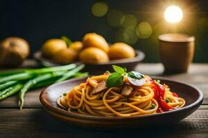 Spaghetti mit Pilze und Gemüse im ein hölzern Schüssel. KI-generiert foto