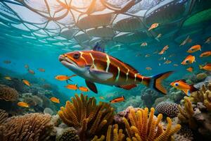 ein unter Wasser Szene mit ein Fisch Schwimmen im das Ozean. KI-generiert foto