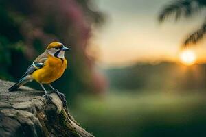 ein Gelb Vogel Sitzung auf ein Baum Stumpf. KI-generiert foto