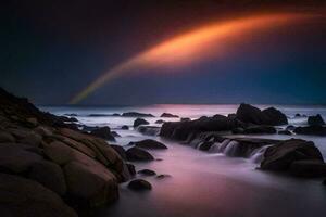ein Regenbogen Über das Ozean beim Nacht. KI-generiert foto