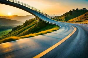 ein Autobahn mit ein Brücke beim Sonnenuntergang. KI-generiert foto