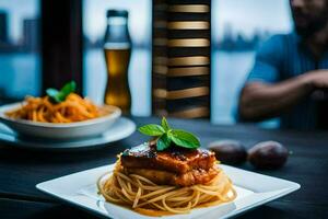 ein Teller von Spaghetti mit Fleisch und ein Mann im das Hintergrund. KI-generiert foto