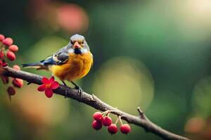 ein Vogel sitzt auf ein Ast mit rot Beeren. KI-generiert foto