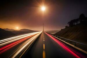 ein lange Exposition Foto von ein Autobahn beim Nacht. KI-generiert