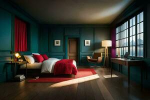 ein Schlafzimmer mit ein rot Bett und hölzern Etagen. KI-generiert foto