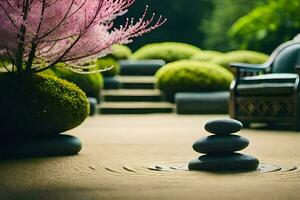 ein Zen Garten mit ein Stein Kreis und ein Rosa Baum. KI-generiert foto