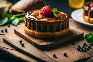 ein Schokolade Kuchen mit Beeren und ein Scheibe von Brot. KI-generiert foto