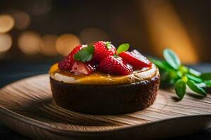 ein klein Dessert mit Erdbeeren auf oben. KI-generiert foto