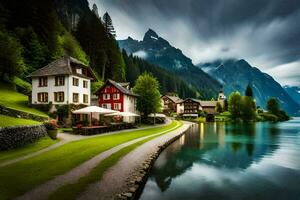 Foto Hintergrund das Himmel, Berge, See, Haus, Haus, das Haus, das Haus,. KI-generiert