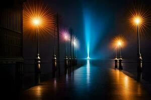 ein lange Seebrücke mit Beleuchtung und Straße Lampen. KI-generiert foto