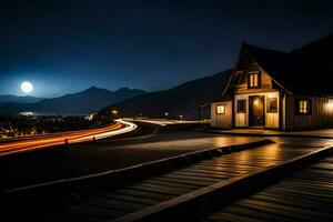 ein Haus mit ein Mond im das Hintergrund und ein Straße führen zu Es. KI-generiert foto