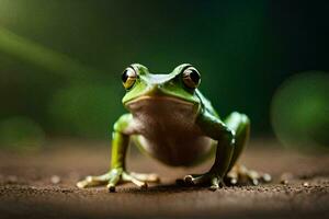 ein Frosch ist Stehen auf das Boden mit ein Grün Hintergrund. KI-generiert foto