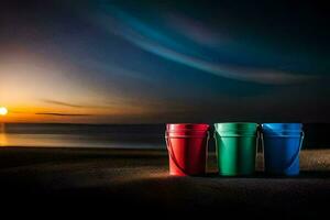 drei bunt Eimer sitzen auf das Strand beim Sonnenuntergang. KI-generiert foto