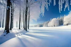 Winter Landschaft mit Bäume und Schnee. KI-generiert foto