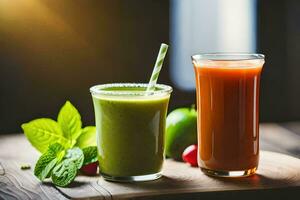 zwei Brille von Grün Smoothies auf ein hölzern Tisch. KI-generiert foto