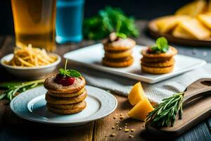 Käse und Cracker mit Kirschen und Kräuter. KI-generiert foto