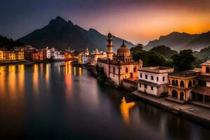 Foto Hintergrund das Himmel, Berge, Fluss, Gebäude, das Stadt, Indien, das Stadt. KI-generiert