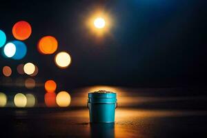 ein Blau Eimer Sitzung auf das Straße beim Nacht. KI-generiert foto
