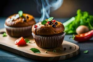 gebacken Muffins mit Rauch auf ein hölzern Schneiden Tafel. KI-generiert foto