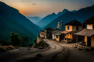 ein Dorf im das Berge beim Sonnenuntergang. KI-generiert foto