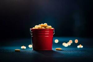 ein rot Eimer gefüllt mit Erdnüsse auf ein dunkel Hintergrund. KI-generiert foto