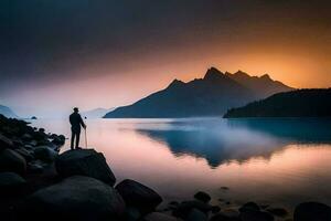 ein Mann Stehen auf Felsen beim das Kante von ein See beim Sonnenuntergang. KI-generiert foto