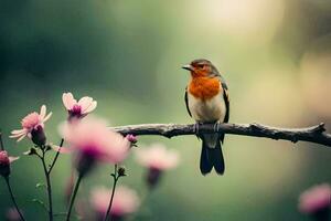 ein Vogel sitzt auf ein Ast mit Rosa Blumen. KI-generiert foto