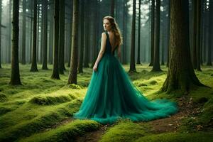 schön Frau im Grün Kleid im das Wald. KI-generiert foto