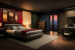 ein modern Schlafzimmer mit ein rot Akzent Mauer. KI-generiert foto