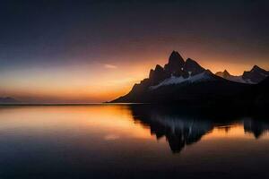 das Berge sind reflektiert im das Wasser beim Sonnenuntergang. KI-generiert foto