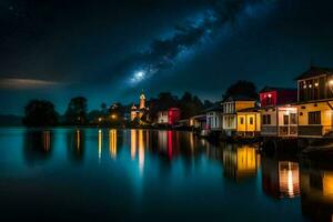 Foto Hintergrund das Himmel, Nacht, das milchig, das Stadt, das See, das Häuser. KI-generiert