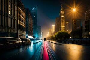 ein lange Exposition fotografieren von ein Stadt Straße beim Nacht. KI-generiert foto