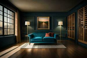 ein Blau Couch im ein Zimmer mit Holz Böden und ein Gemälde auf das Mauer. KI-generiert foto