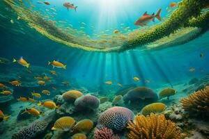 ein unter Wasser Szene mit Koralle Riffe und Fisch. KI-generiert foto