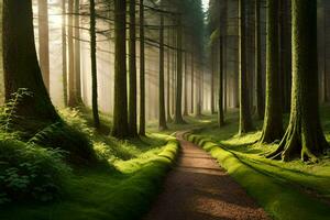 ein Pfad durch ein Wald mit Bäume und Gras. KI-generiert foto