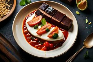 ein Teller von Essen mit Tomaten, Käse und Brot. KI-generiert foto