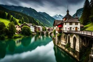 schweizerisch Dorf durch das Fluss. KI-generiert foto