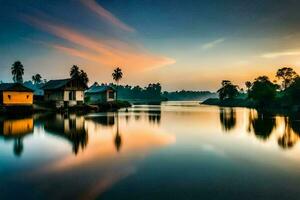 ein schön Sonnenuntergang Über ein See mit Häuser auf das Ufer. KI-generiert foto
