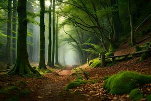 ein Pfad durch ein Wald mit Bäume und Moos. KI-generiert foto