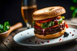 ein Bagel Burger mit Tomaten und Grüner Salat. KI-generiert foto