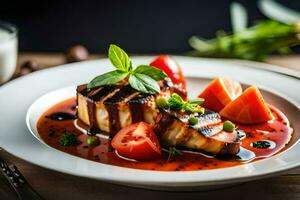 gegrillt Fisch mit Tomate Soße auf ein Weiß Platte. KI-generiert foto