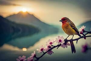 ein Vogel sitzt auf ein Ast mit Blumen im das Hintergrund. KI-generiert foto