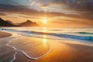 das Sonne ist Rahmen Über ein Strand mit Wellen. KI-generiert foto