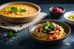 Spaghetti, Tomate Soße und andere Geschirr sind gezeigt auf ein Tisch. KI-generiert foto