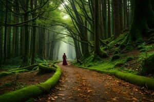 ein Frau im rot ist Gehen Nieder ein Pfad im das Wald. KI-generiert foto