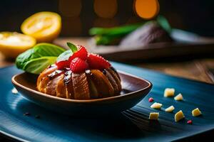 ein Dessert mit Beeren und ein Scheibe von Zitrone. KI-generiert foto