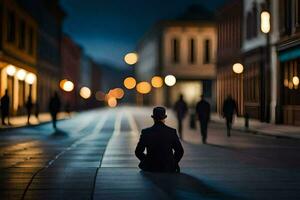 ein Mann im ein passen sitzt auf das Boden im ein Stadt beim Nacht. KI-generiert foto