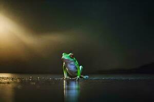 ein Frosch Sitzung auf das Boden beim Nacht. KI-generiert foto