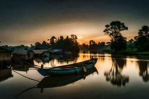 ein Boot sitzt auf das Wasser beim Sonnenuntergang. KI-generiert foto