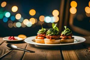 Essen auf ein Teller mit Beleuchtung im das Hintergrund. KI-generiert foto